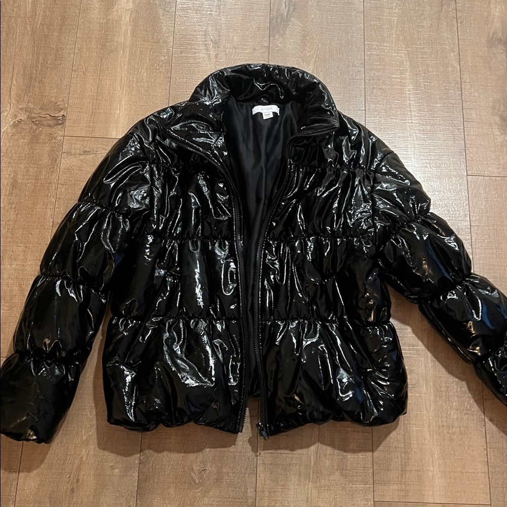 Black Puffer Jacket Scripted Size Medium - image 3